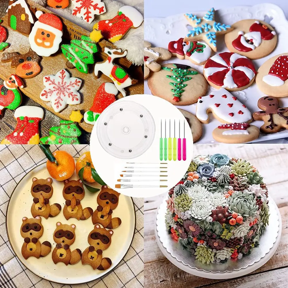AS63-Cookie Decorating Kit,Round Cookie Turntable Decorating,Cookie Fondant Brush Icing Tool Cookie Turntable Decorating