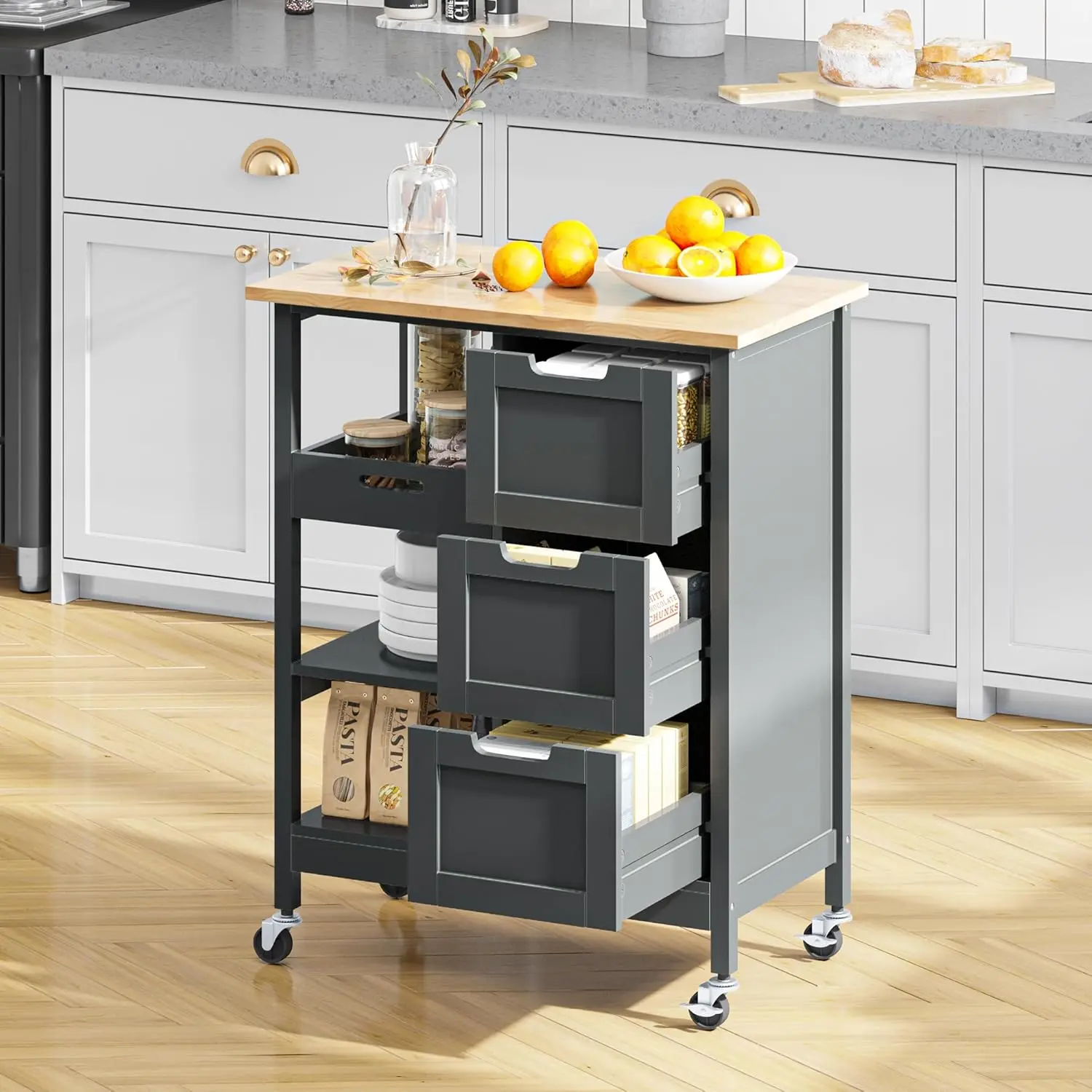 Small Solid Wood Top Kitchen Island Cart on Wheels with Storage,Serving Utility Carts Mobile Movable with 3 Drawers Cabinet