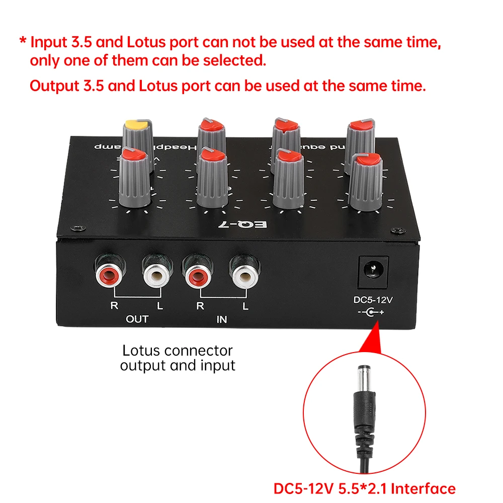 EQ-7 Amplificador de áudio balanceado para celular, 7 estágios, alta média e baixa frequência, pré-amplificador ajustável, DC 5-12V