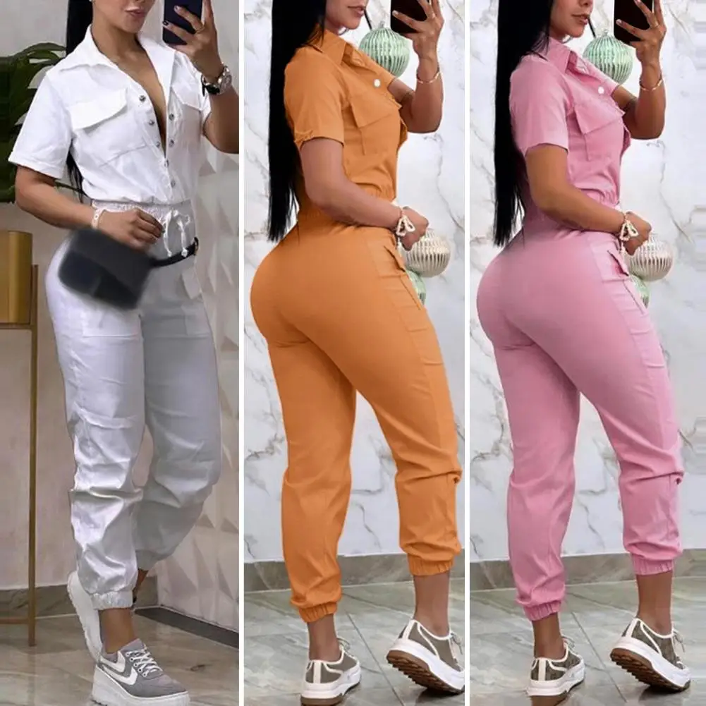 Slim Fit Women Jumpsuit Versatile Women's Cargo Jumpsuit Stylish Turn-down Collar Slim Fit with Multi Pockets Elastic Waist