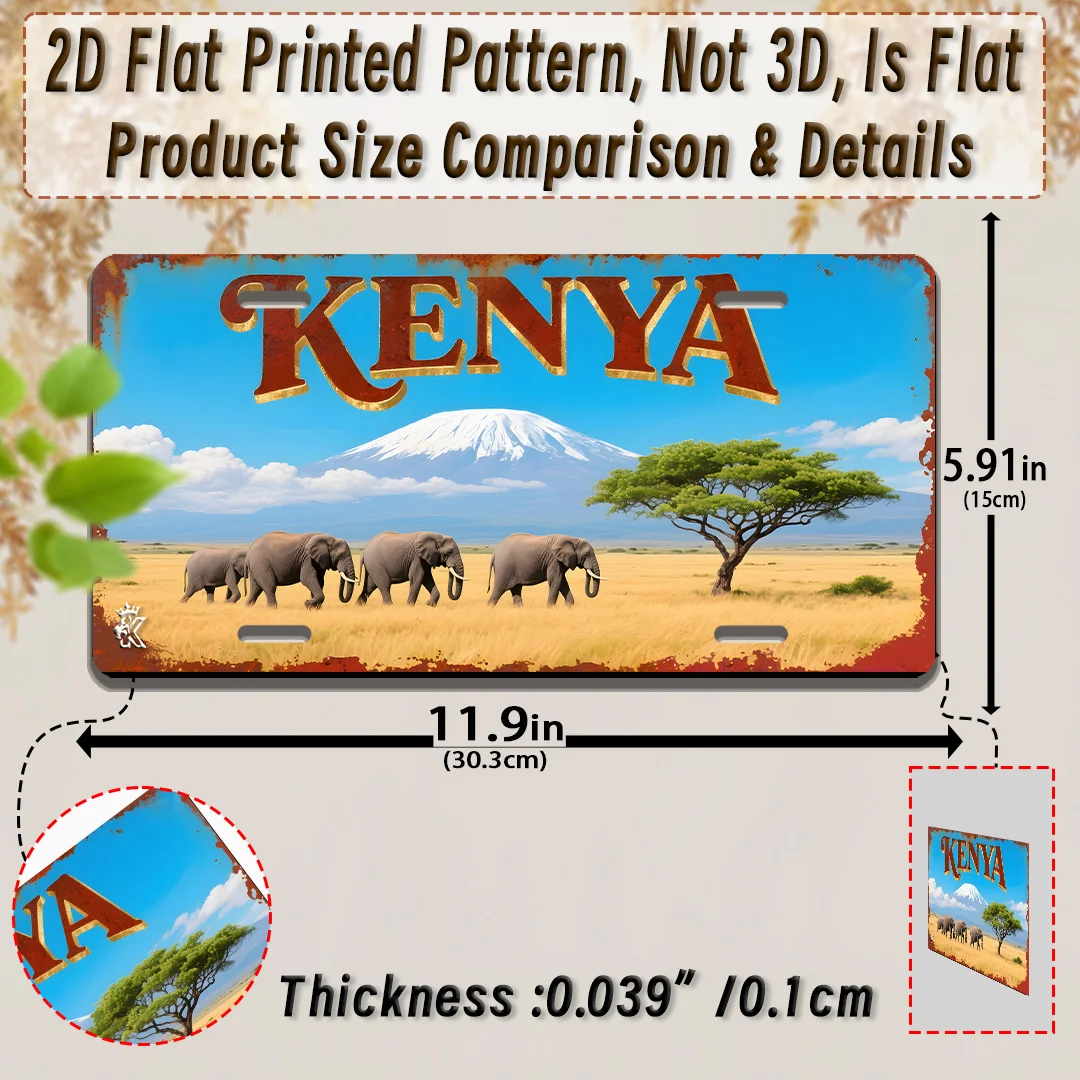 AL Kenya Kilimanjaro Elephant License Plate Sign - Vintage Durable Metal Plaque Wall Decor, Home Office Bar Man Cave Wall Art