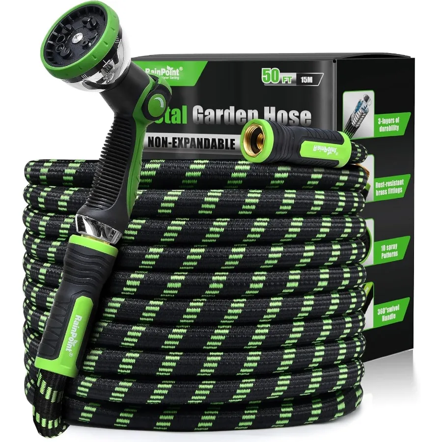 

50 ft Metal Garden Hose for Outdoor Watering and Cleaning Nokink 304 Stainless Steel Flexible Hose with 10Mode Adjustable Nozzl