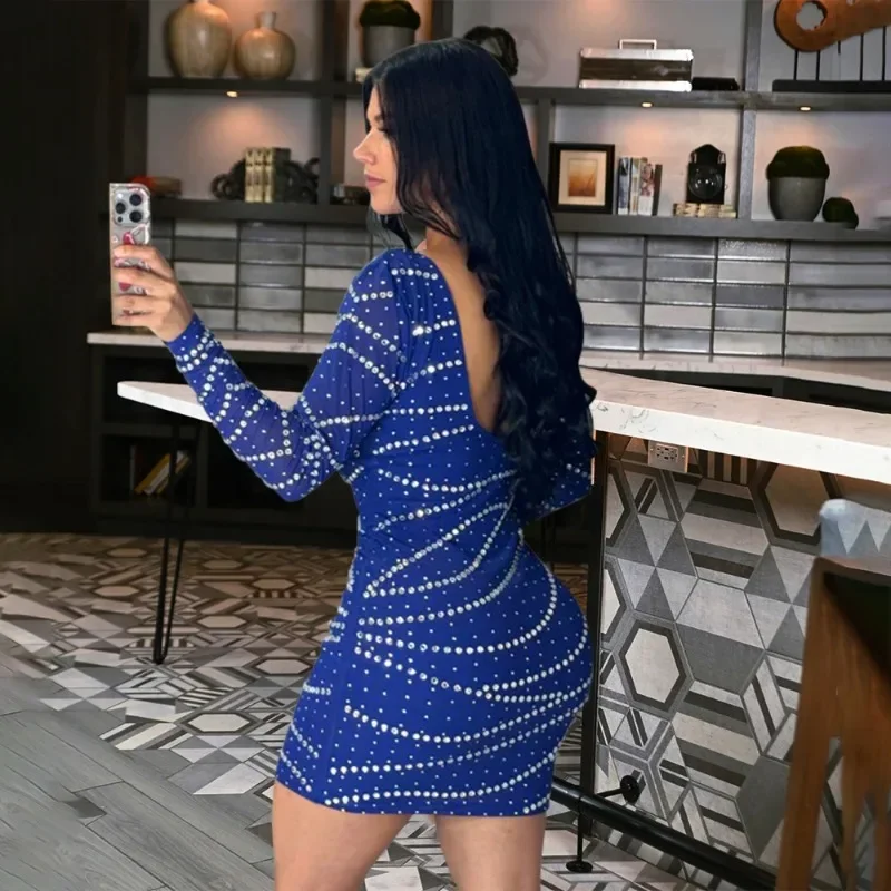 GUWU تسلق الماس الساخن الراين الياقة المدورة طويلة الأكمام Bodycon المرأة فستان الخريف مساء نادي مثير فساتين الحفلات الصغيرة