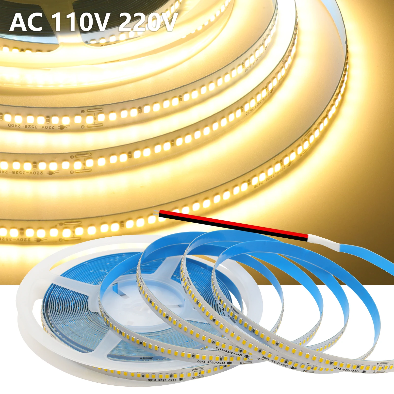 

5M 10M 15M 20M 110V 220V Adhesive LED Strip No Need Driver 2835 240LEDs/m Flexible Tape with 2Pin Wire IP44 Waterproof Home Lamp