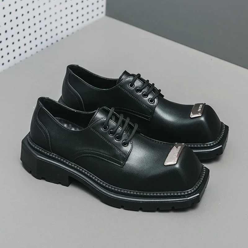 Fashion Square-Toe Men's Leather Shoes Business Oxford Man Lace-up Formal Dress Shoes Black Derby Shoes Metal Decoration