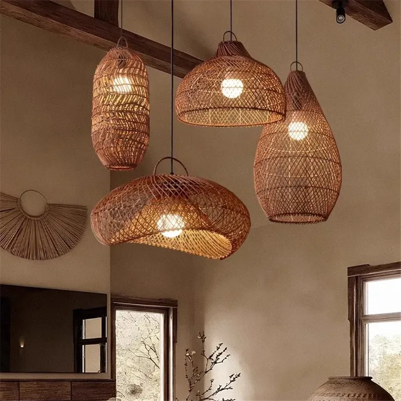 

2026 for Retro Rattan Pendant Lamp for Vintage Style Lighting Handmade Wicker Chandelier for Dining Room Bedroom Kitchen