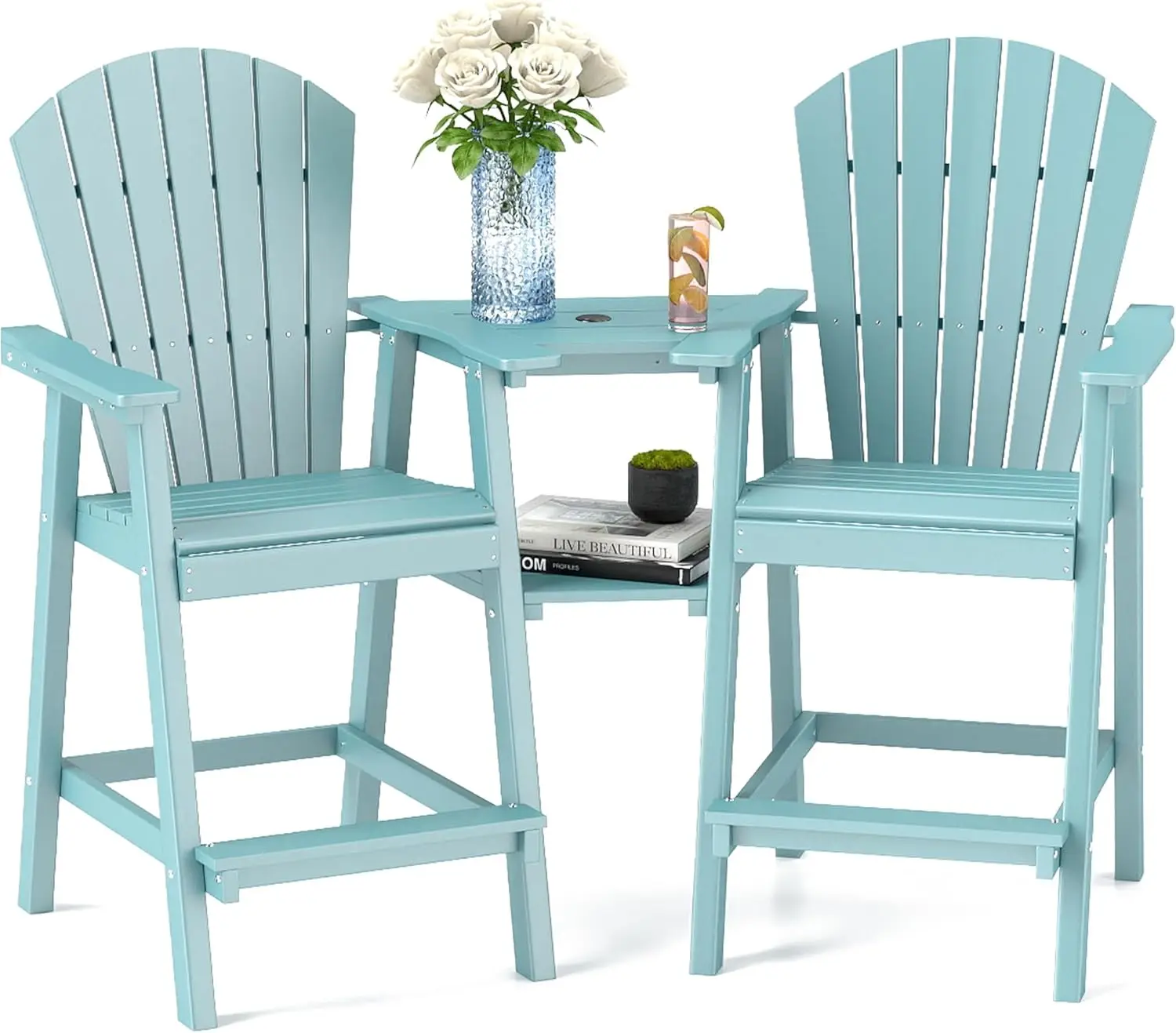 Tall Adirondack Chairs Set of 2,Recycled Poly Balcony Chair with Double Connecting Tray Patio Stools Weather Resistant