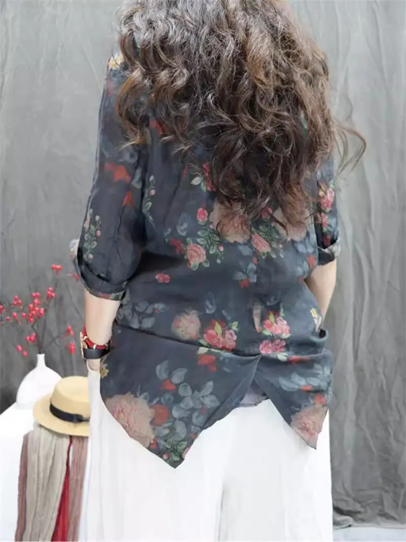 Women\'s Summer Loose Blazer, Printed Ramie Cotton Linen Blend 3/4 Sleeve Jacket, Ethnic Style Sun Protection Cover-Up K171