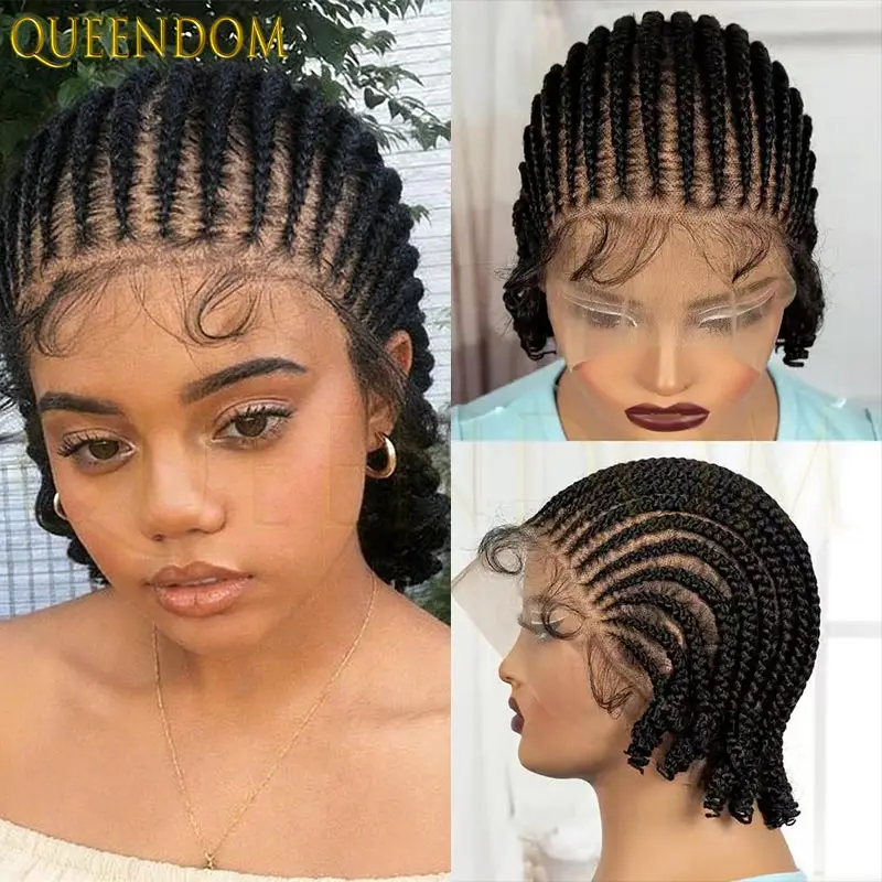 Synthetic Short Bob Braided Wig 8 Inches Full Lace Knotless Box Braid Wig for Black Women Crochet Cornrow Braids Locs