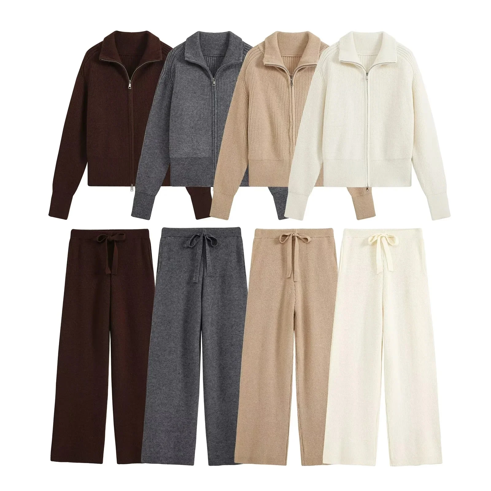 KONDALA Damen Trendiges Pendler-Hosen-Set Reißverschluss-Revers-Strickjacke Elastische Taille Hose Neue Mode 2026 Herbst Winter Freizeit-Set – Detail 3