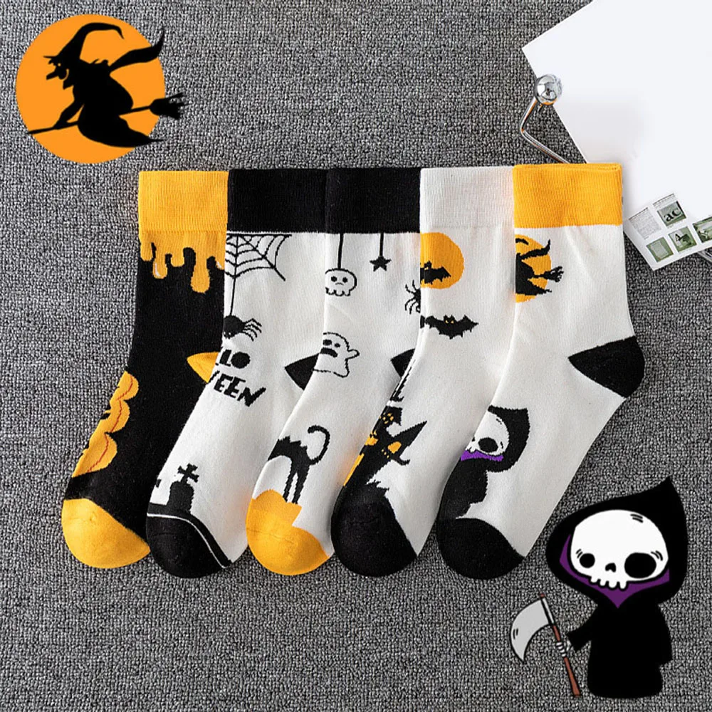 

Creative Pumpkin Printed Women Socks Halloween Socks Cosplay Long Socks Bone Web Men Socks Casual Black White Socks Couple Socks