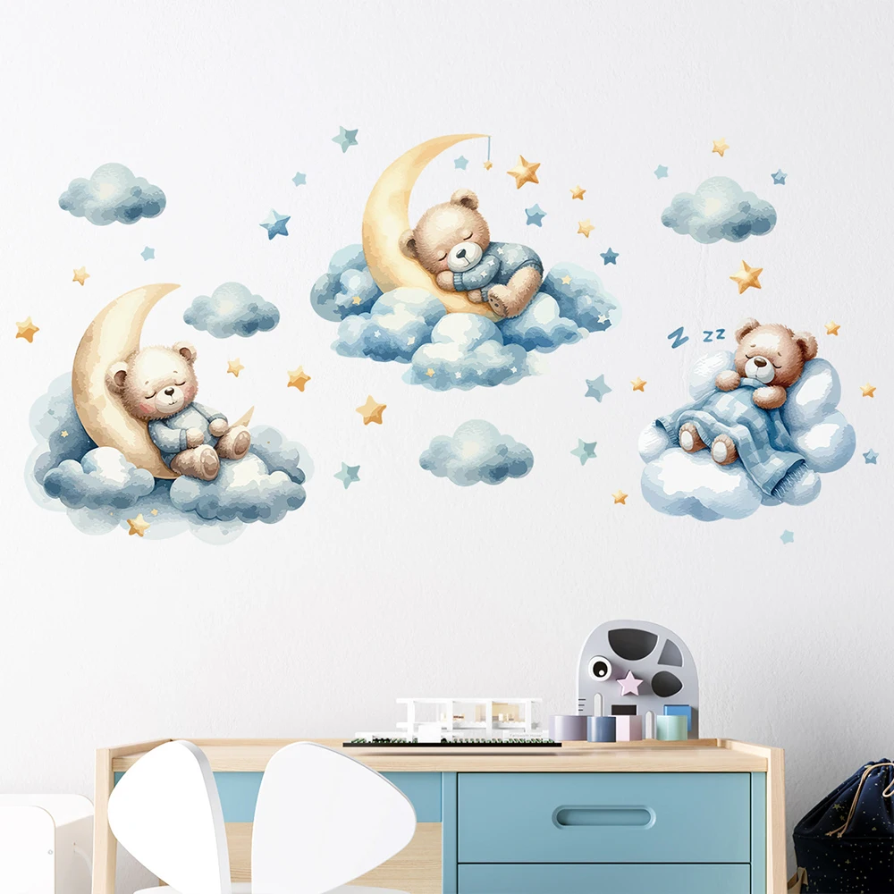 Cartoon Cute Little Bear Sleeping on Moon Clouds Wall Stickers for Kids Bedroom Living Room Home Decorations Wall Art Wallpaper