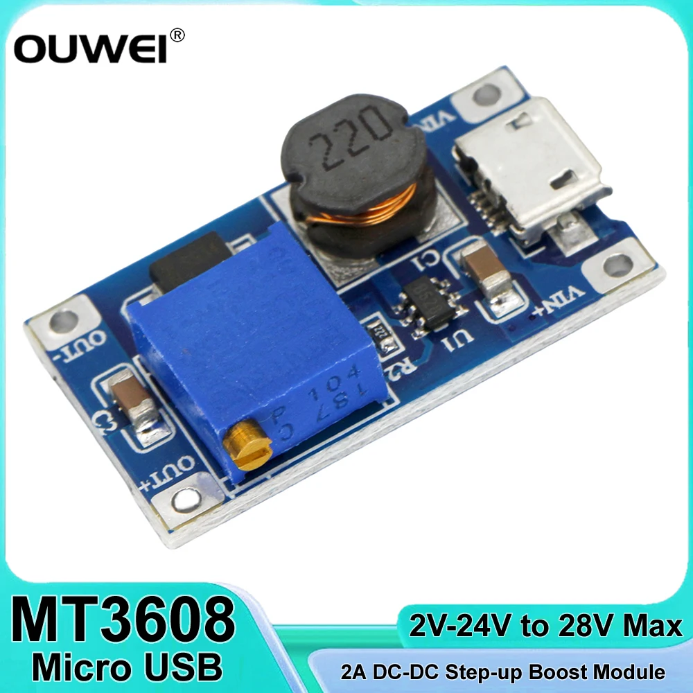 MT3608 DC-DC Step Up Adjustable Boost Module 2A Power Supply Booster Module With Micro USB 2V-24V to 5V 9V 12V 28V for Arduino