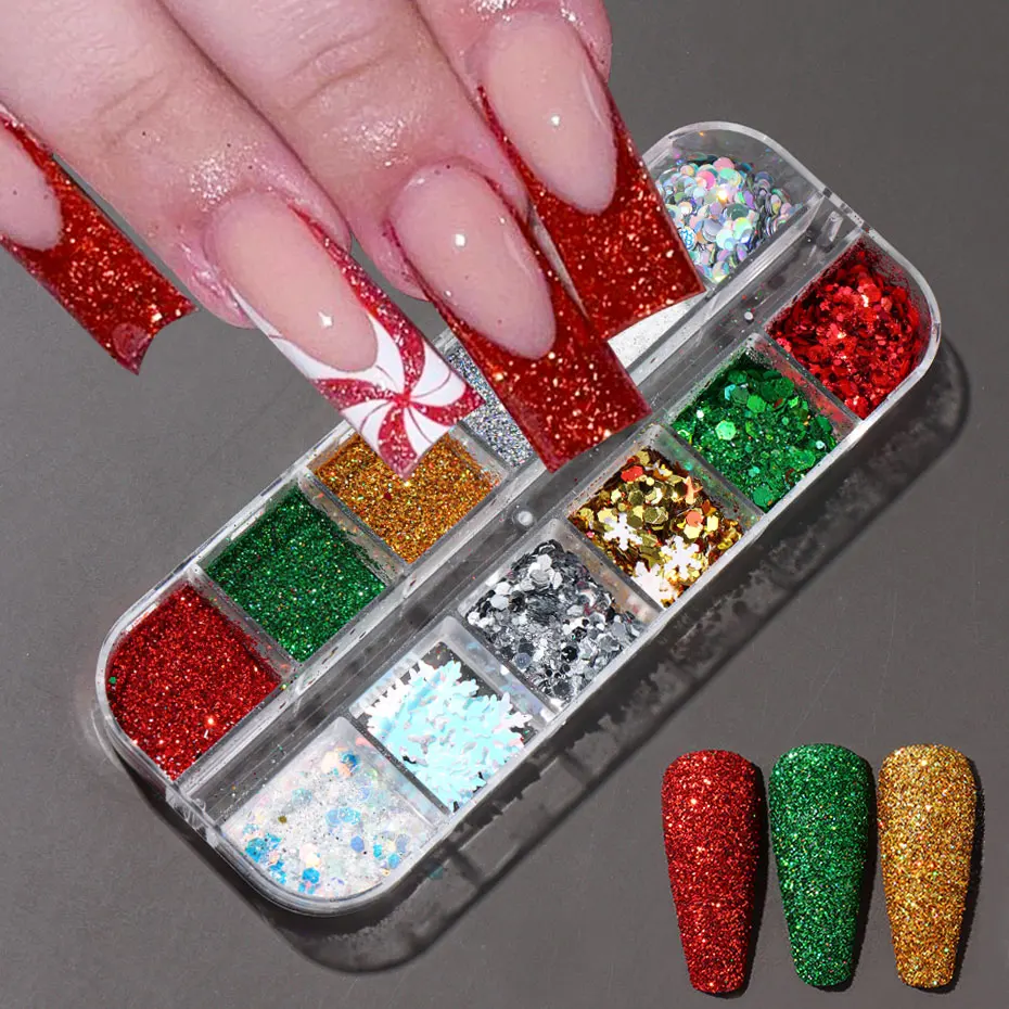 12グリッドクリスマスレーザーネイルグリッターフレーク虹色輝くミックスネイルクロムパウダー3D不規則ホロフレークマニキュアデコレーション