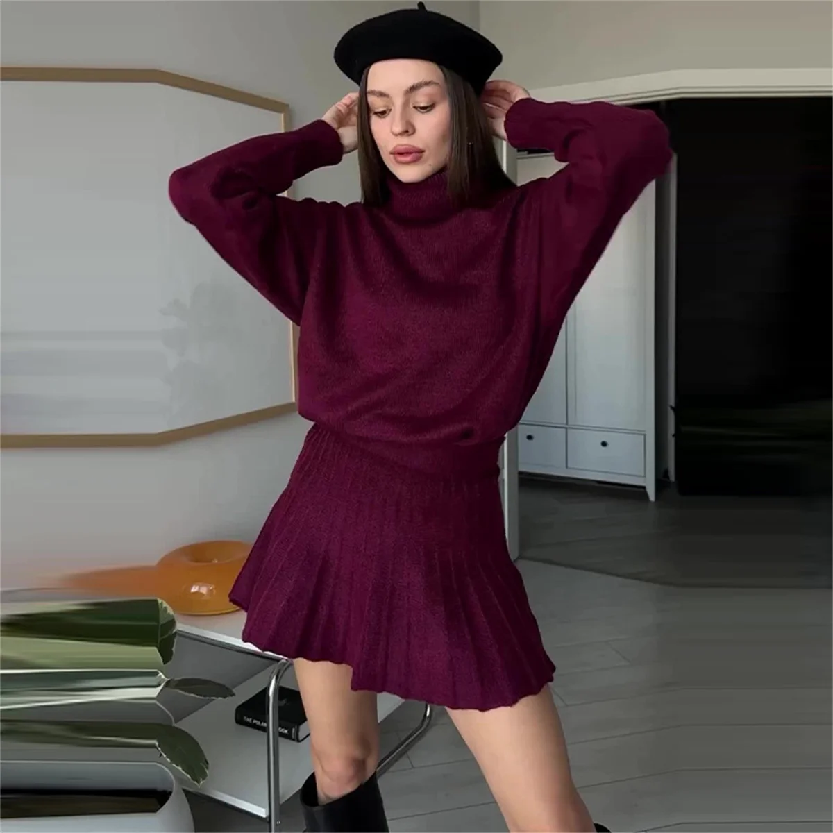 Sweater Skirt Sets For Women 2 Pieces Knit Casual Versatile Long Sleeve Pullover Elegant Solid High Waist Mini Skirt Outfit