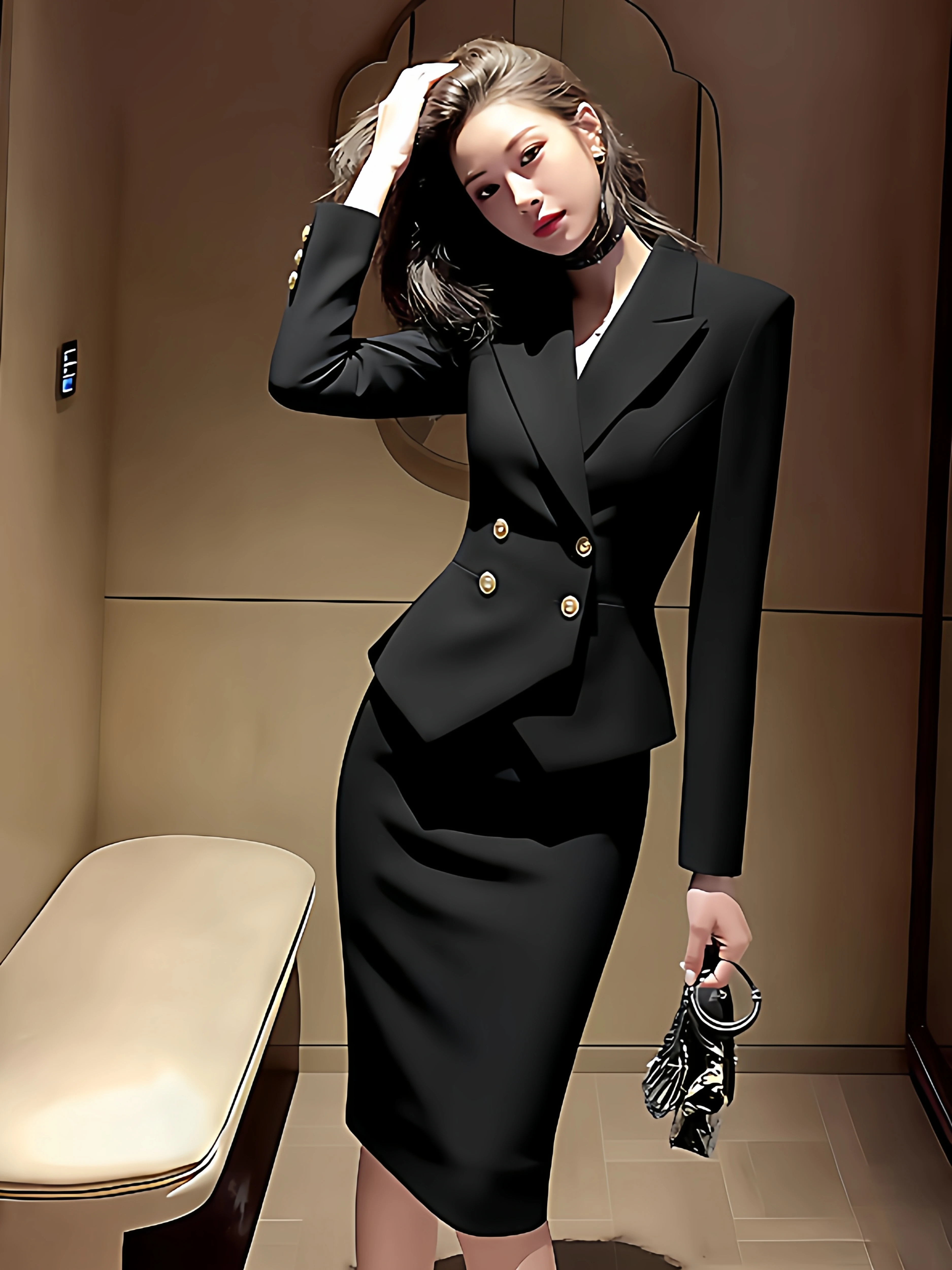 Slim Fit Double Breasted Suit Jacket And High Waist  Skirt Set for Women Fashionable Commute Workwear Black Color