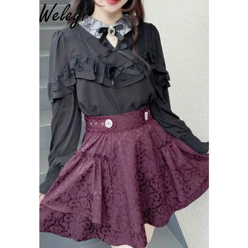 Classic Women's Lolita Style Skirt 2024 Spring and Autumn New Jirai Kei Sweet Beaded Jacquard High Waist Short Skirts for Women