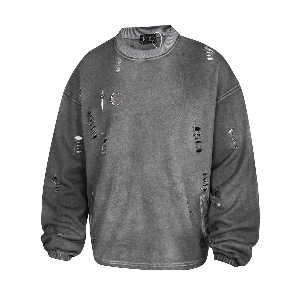 

High Street Washed Vintage Metal Logo Hole Sweatshirts for Men Pullover Baggy Cotton Hoodies Oversized Solid Ripped Loose Hoody
