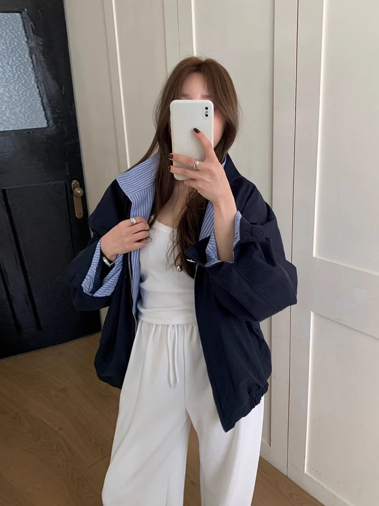 

Chic American Retro Striped Inner Double-Sided Wear Long Sve Jaet for Women Casual Loose Fit Slimming Zipper Closure