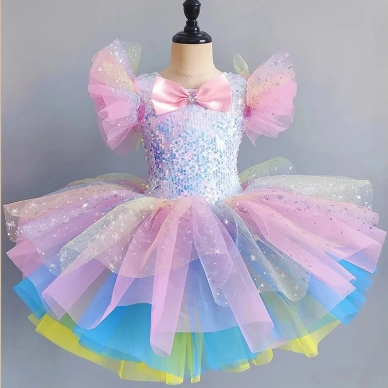 Dziecięca sukienka baletowa siedem kolorów dziewczęca dzieci cekinowa sukienka księżniczki baletowa spódniczka tutu DanceClothes wydajność spódnice Tutu