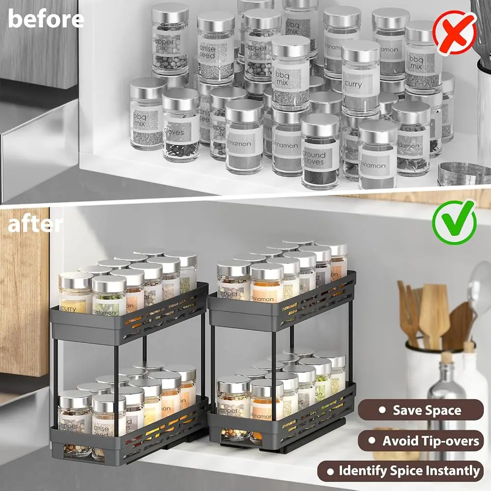 2 Packs Pull Out Spice Ra Organizer For Cabinet, Slide Out Spice Racks Organizer, Easy To Install Spice Cabinet Organizers,