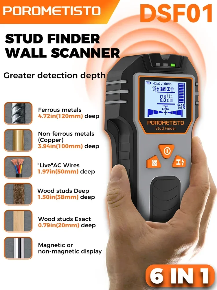 6in1 Stud Finder Wandscanner Detector Multifunctionele wandscanner voor AC-kabeldraden Houten metalen pijp Elektronische meetinstrumenten - afbeelding 2