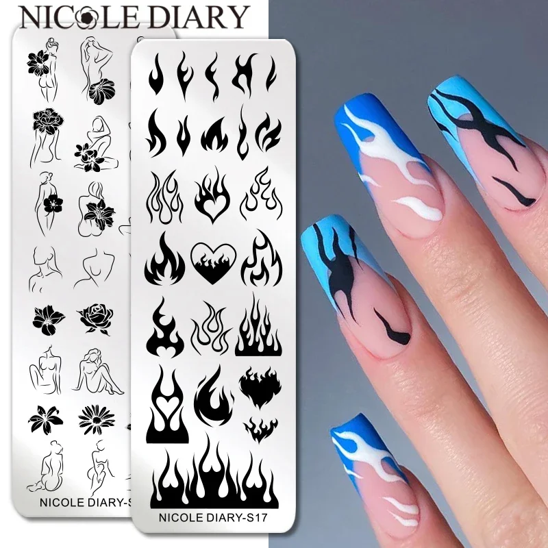 NICOLE DIARY Fire Flower Nail Stamping Plates Sexy Girl Love Heart Printing Stencil Manicuring Art Stamp Templates Nail Art Tool