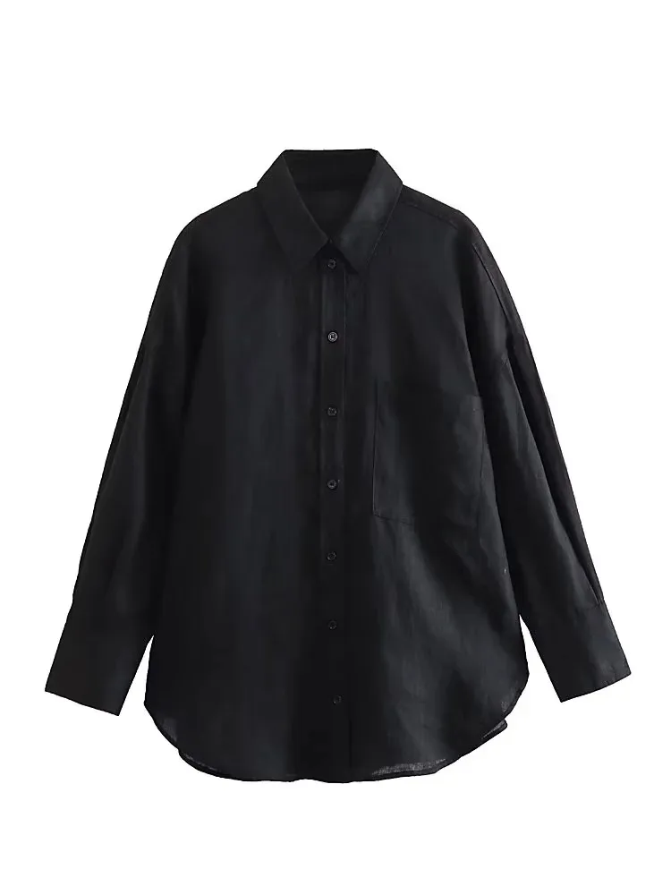 TRAF Linen Women Shirt 2023 Long Sleeve Blue Loose Blouses Streetwear Button Up White Woman Blouse Summer Casual Black Shirt