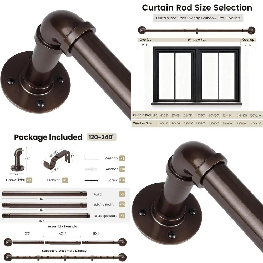 

120-240 Adjustable Outdoor Blackout Curtain Rod, Heavy-Duty Indoor Drapery Pole, Bronze, 1 Inch