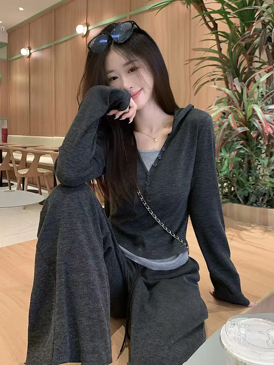 

Women's V-Neck Sweatshirt Wide Leg Pants Long Sleeve Casual Set Spring Autumn Fashionable Lazy Two-Piece Suite High-End Feel