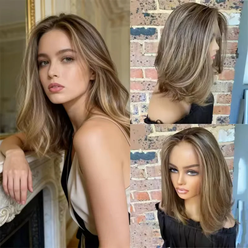 Ombre Ash Brown Blonde Balayage Highlights Wave Lace Front 100% Human Hair Wigs