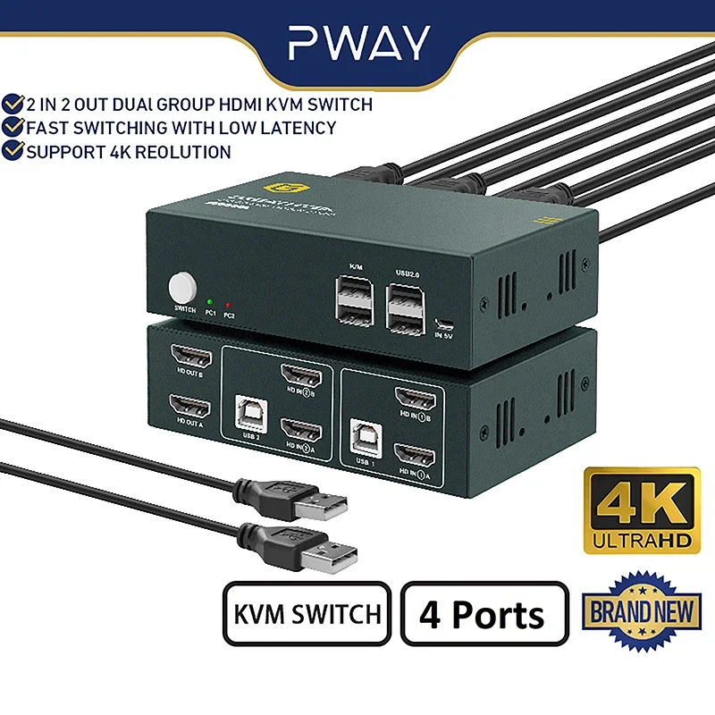 KVM Switch HDMI 2.0  Dual Splitter HD 4K@60Hz 2 Group 2 in 2 Out 4  Port with 4 USB Hub for PC Macbook Laptop  Dual Display