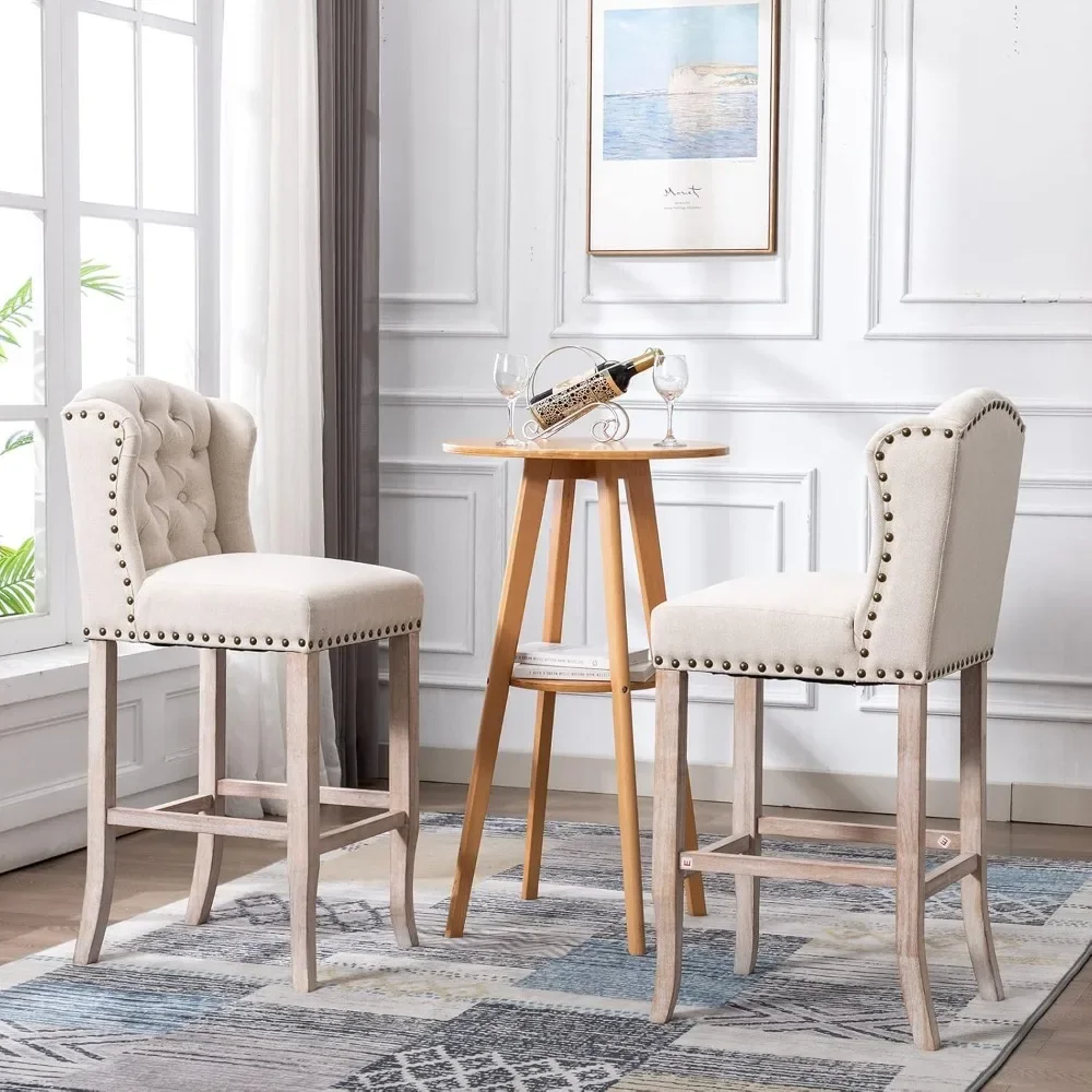 

30 Inch Bar Stools Set of 4, Linen Upholstered Counter Chairs with Back W/Solid Wood Legs, Kitchen Island Chairs