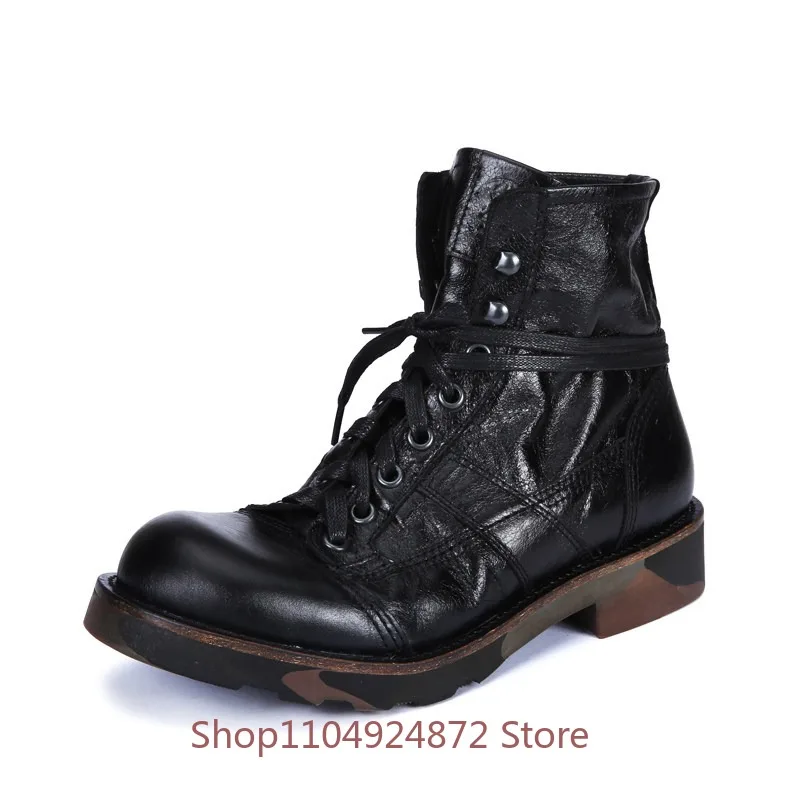 European American Chelsea Trendy Men Motorcycle Boots Desert Lace Up High Top Cowhide Casual Comfortable Outdoor Work Boot Male