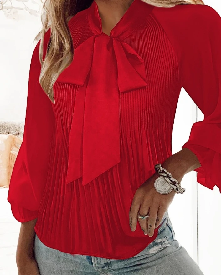 

Women's Fashion Urban Style Shirt 2024 Spring/Summer New Casual Solid Color Tie Collar Folded Long Sleeve Top Pullover