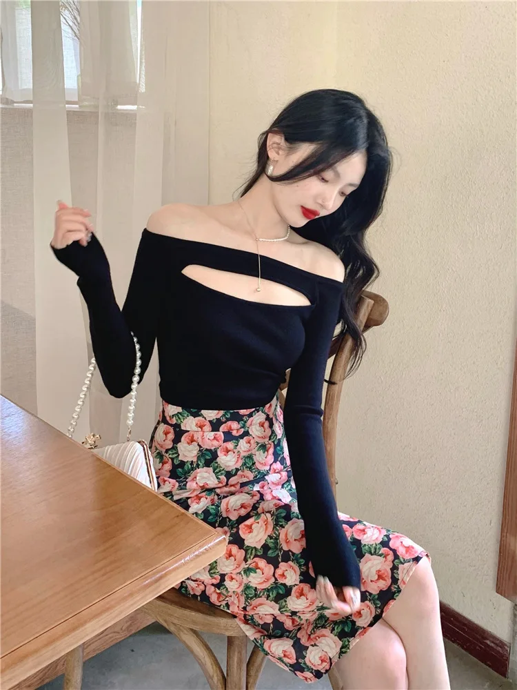 6119 Encounter Ambiguous Atmosphere Herbst Off-Shoulder Hollow Out Sexy Pure Desire Slim Fit Short Base Shirt