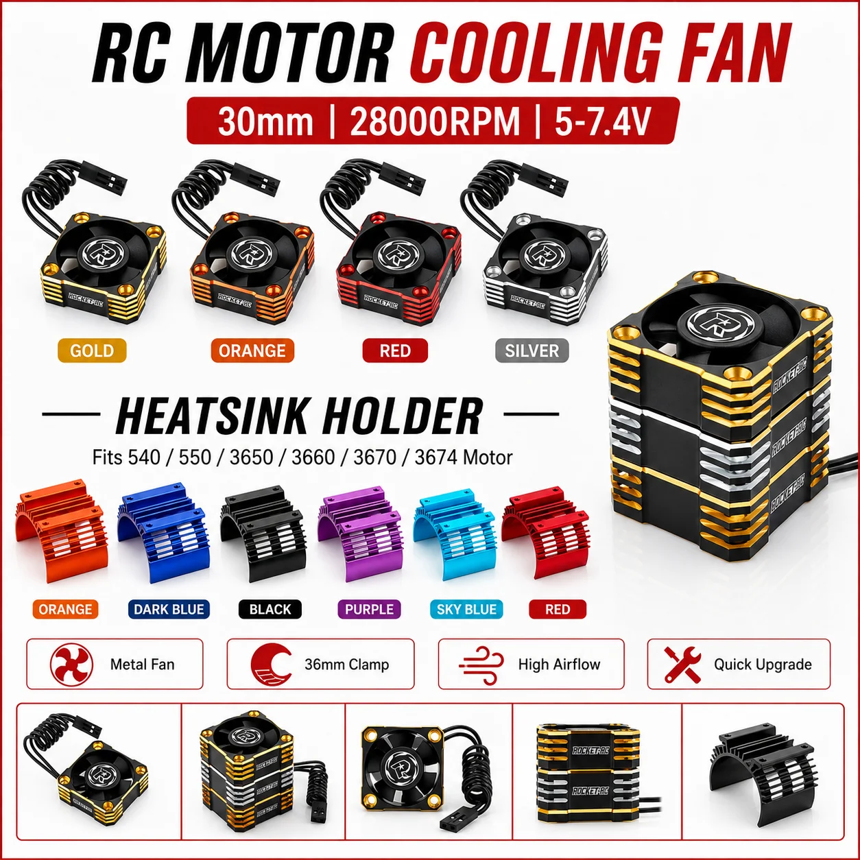 ROCKET-RC 3010 30x30x10mm Hight Speed Cooling Fan Heatsink Holder Bracket for RC Car 540 550 3650 3660 3665 3670 3674 Motor Part