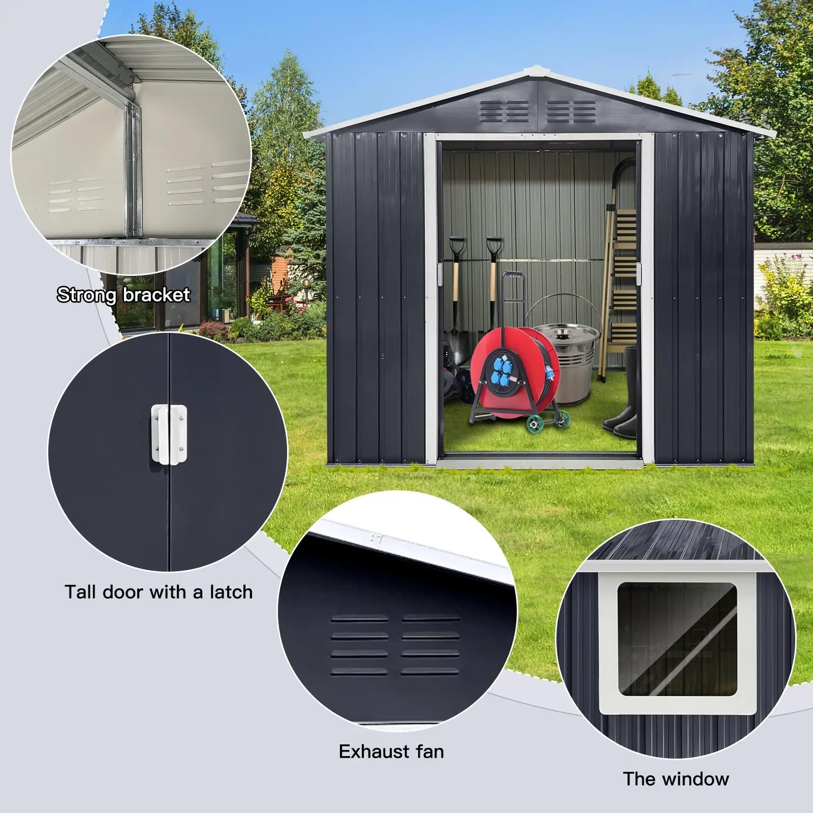 Small Metal Storage Shed 7ft Grey Weatherproof with Ventilation Perfect for Garden Tools Bikes Outdoor Equipment Organization