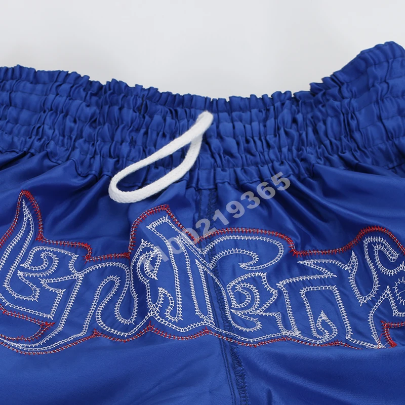 الملاكمة التايلاندية القتال كيك بوكسينغ السراويل الأزرق الرجال النساء الاطفال التايلاندية سراويل ملاكمة التطريز BJJ MMA Thaiboxing Muay Thay سروال التدريب