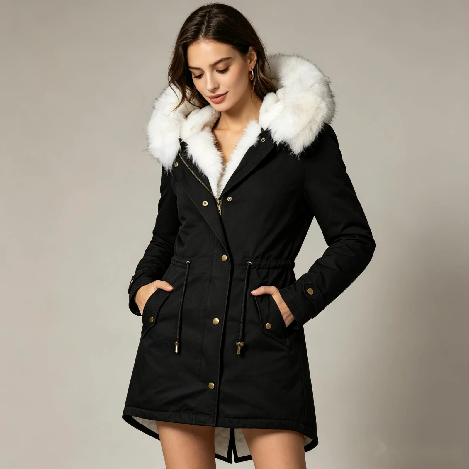 2026 New Style Women's Jacket With A Fixed Waist, Flowers Lining, And Fur Necklace Featuring Pockets Women's Casual Dresses Sexy