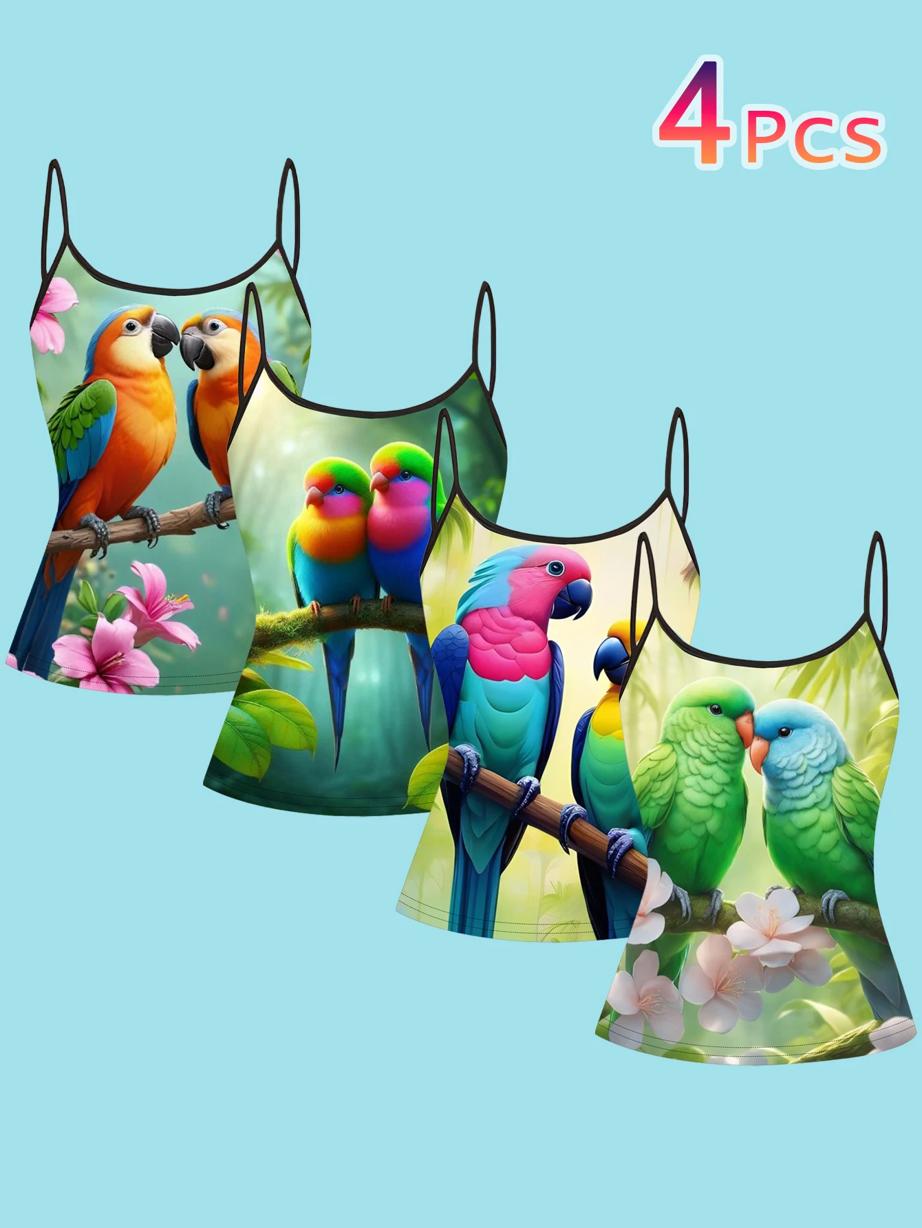4-Piece Set of Rainbow Couple Parrot Tropical Floral Print Camisole for Women, High-Saturation Colorful Bird Print Spaghetti Strap Waist-Cinching Slim-Fit Base Top, Cross-Border Vacation Casual Outerwear Camisole