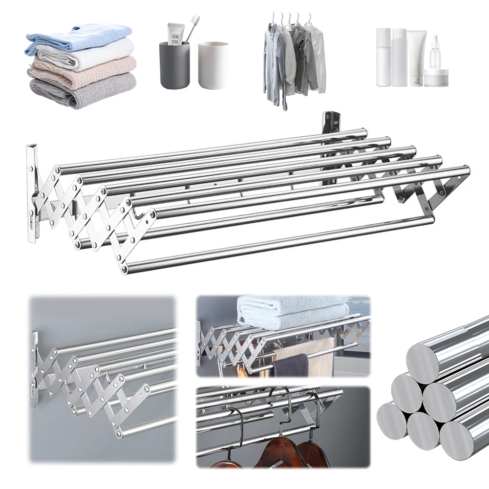 

Wall Mounted Clothes Drying Rack 7 Rods 5 Hooks Retractable Collapsible Laundry Drying Rack Wall Drying Rack for Bathroom/Tower