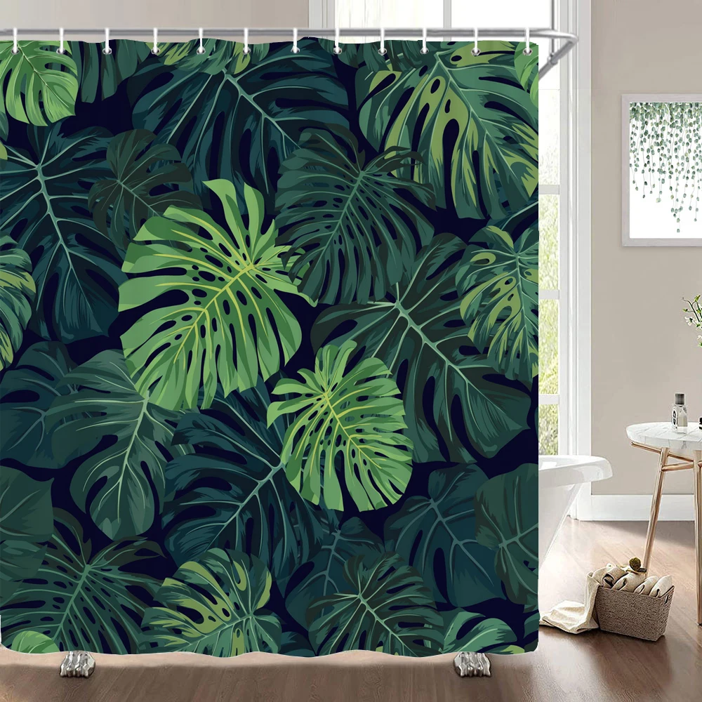 1pc Green Leaf Plant Shower Curtain Polyester Fabric - With Hooks Waterproof Mildew Proof Easy Install Washable Bathroom Curtain