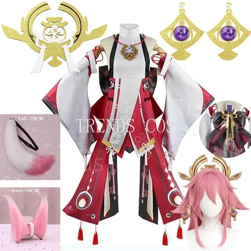 Yae miko cosplay kostüm guuji yae ausgefallene outfits guuji komplettes set guuji yae kleid perücke kopf bedeckung ohren schwanz spiel anzug