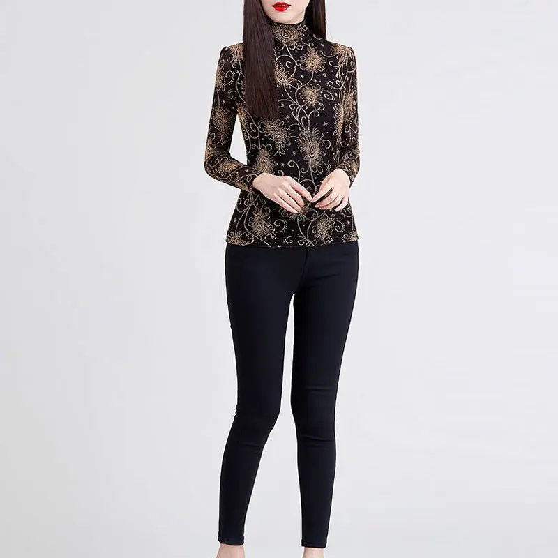 Fashion Bright Silk Pullovers Vintage Printed Women's Clothing Casual Half High Collar Spring Autumn Slim Long Sleeve T-shirt