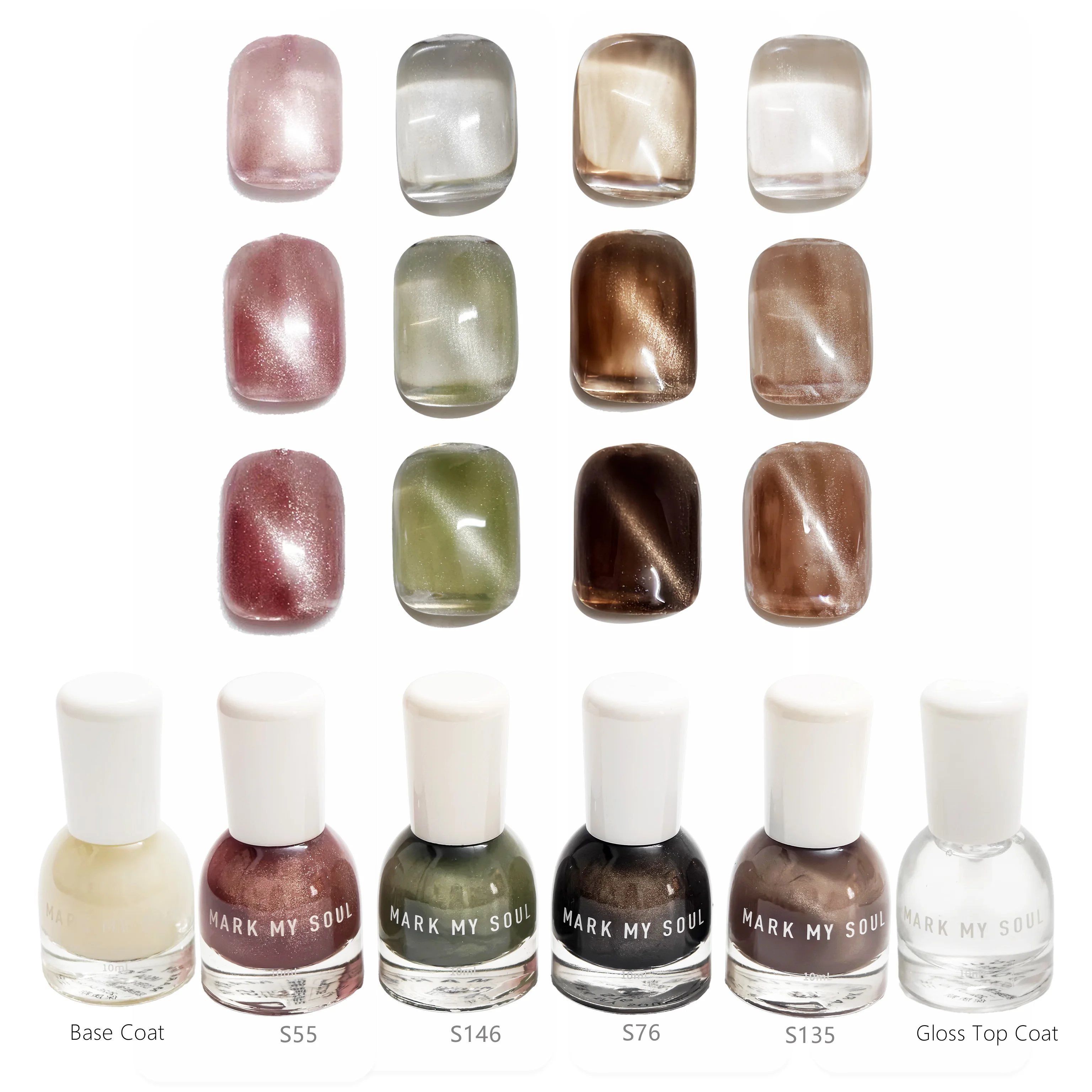 6 Pieces Transparent Bare Face Cool & Warm Soft Matte Earth Tone Glass Shimmer Cat Eye, MARK MY SOUL No UV Lamp Cat Eye Nail Pol