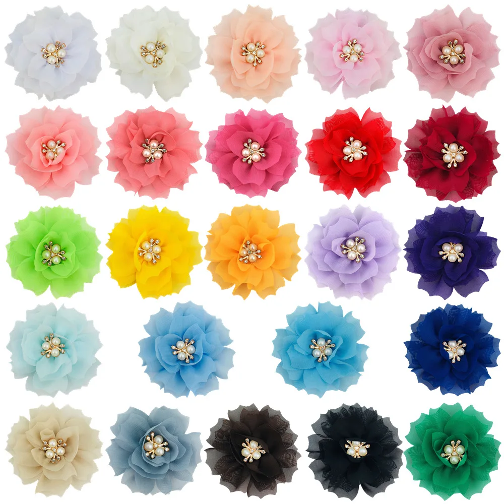 

500pcs Wholesale 8cm Chiffon Right Angle Flower Diamond Core Hot Selling Kids Headwear Diy Accessories Pet Accessories Lotus Spo