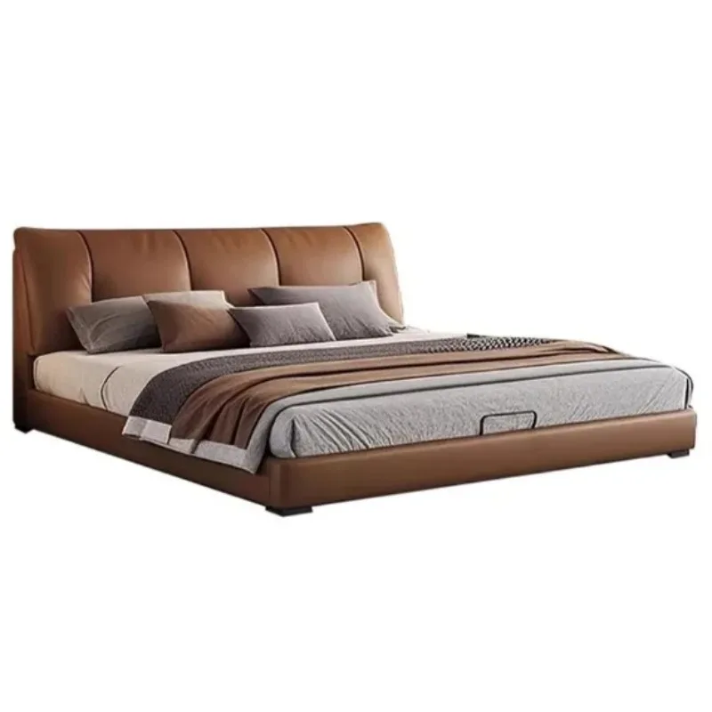 

#Modern Simple Luxurious Queen And King-Size Cowhide Bedside With Light Soft Leather Bed For Master Bedroom For Apartment