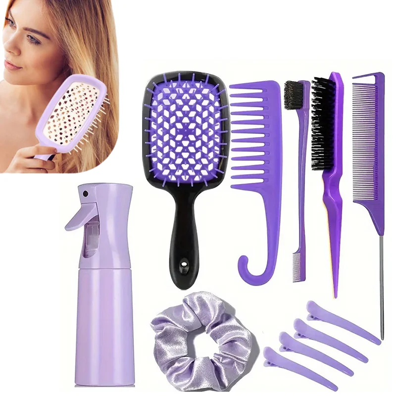 12pcs Hair Styling Makeup Tools Set Massage Head Brush Eyebrow Brush Hair Straightening Comb Hair Strap Beauty Spray Bottle