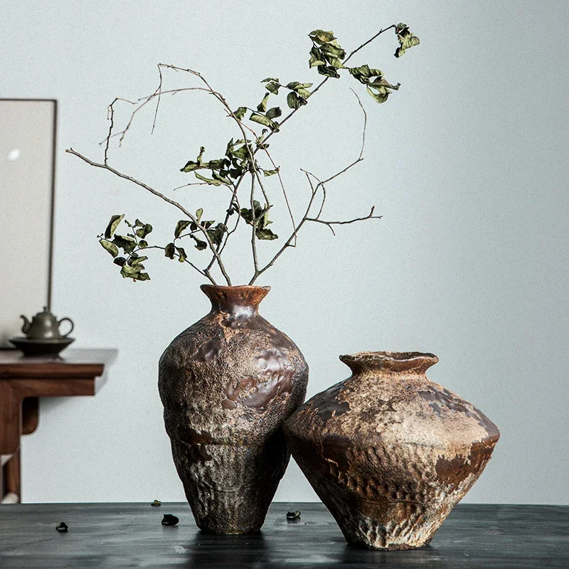 Decorative Pottery Pot Handmade Flower Arrangement Retro Ceramic Vase Desktop Decoration